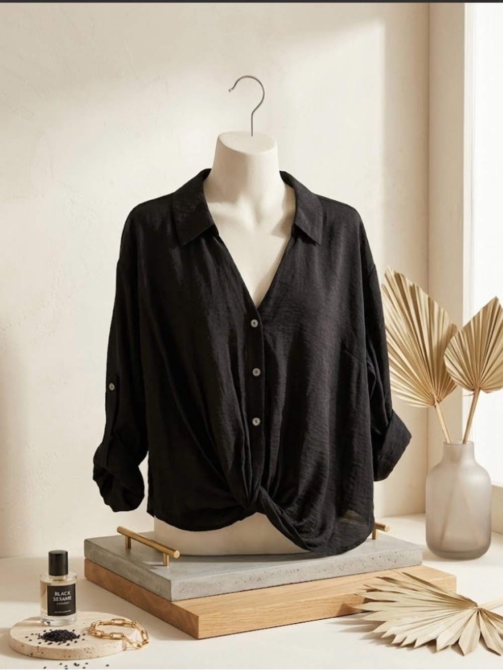 Black Button-Front Twist Hem Blouse
